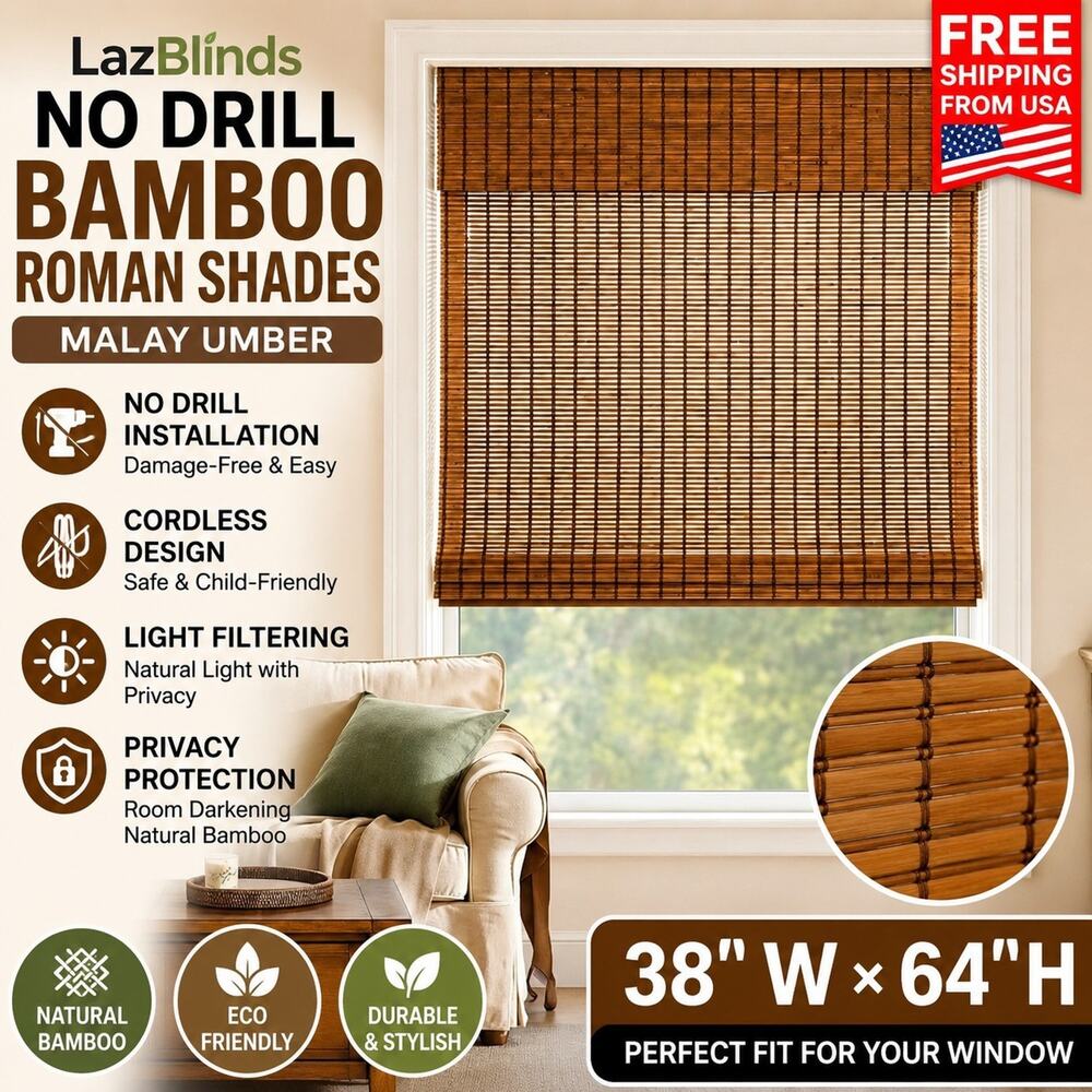 33''W x 64''H Cordless Bamboo Roman Shades by LazBlinds No Tools No Drill